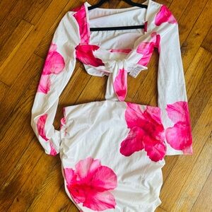 SHEIN White Long Sleeve Two-Piece Dress with Hot Pink Floral Print